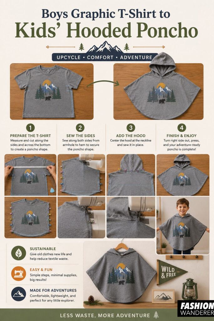 Vertical Pinterest-style infographic featuring a graphic T-shirt transformed into a hooded poncho. The design highlights teo beginner-friendly steps&mdash;transform the T-shirt and attach hood&mdash;along with sustainability tips and a completed hooded poncho displayed beside a picture of the mountains and a camping lamp.