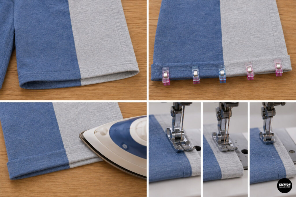 Close-up collage demonstrating how to fold, clip, press, and topstitch the shorts hem using a sewing machine for a clean, professional finish on knit color-block shorts.