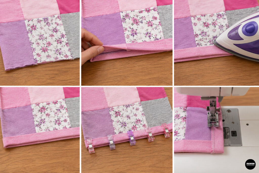 Step-by-step collage showing how to hem a patchwork skirt. The bottom edge is folded twice, pressed with an iron, clipped in place, topstitched with a sewing machine, and finished with a smooth, professional-looking hem.