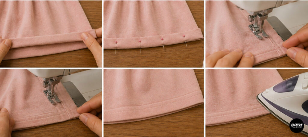Folding, pinning, sewing, and pressing the hem to finish the bottom edge of a handmade knit twirly dress for girls.