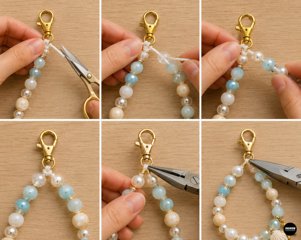Step 7 is to hide the beading knot in the phone wristlet