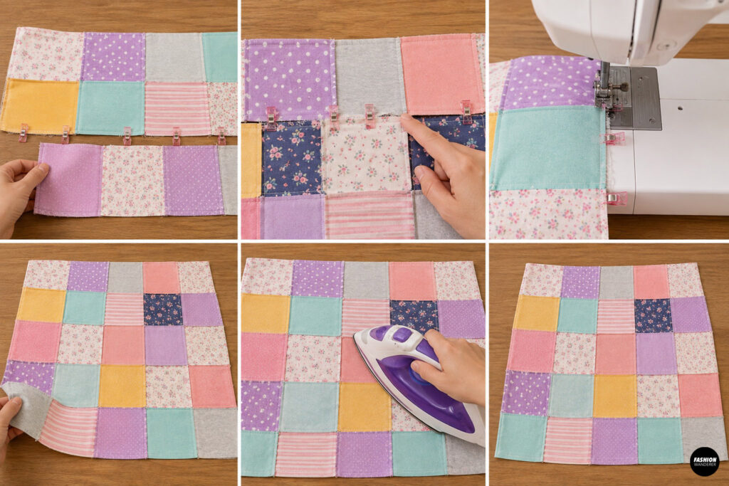 Close-up collage showing patchwork fabric squares clipped together and stitched into larger panels with a sewing machine. The images demonstrate matching seams, pressing allowances, and building larger patchwork sections before garment assembly.