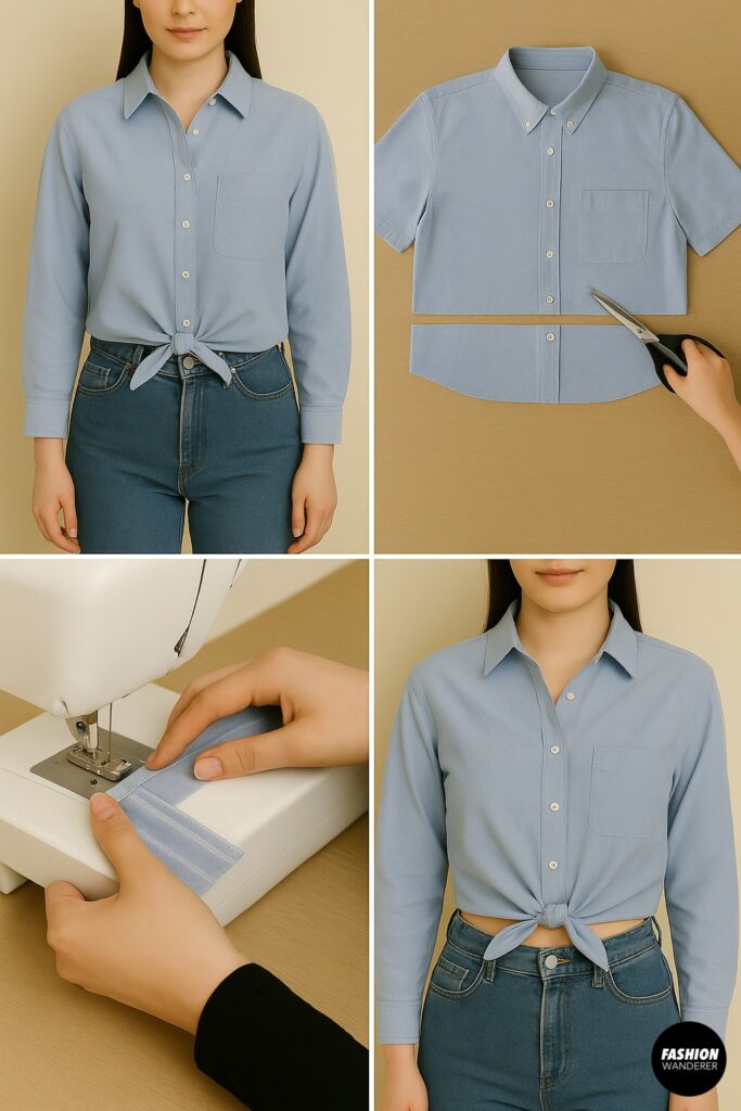 Step-by-step tutorial collage for DIY knot-front crop top, showing cutting a blue button-up shirt, hemming on sewing machine, tying front into a knot, and final cropped style worn with jeans.