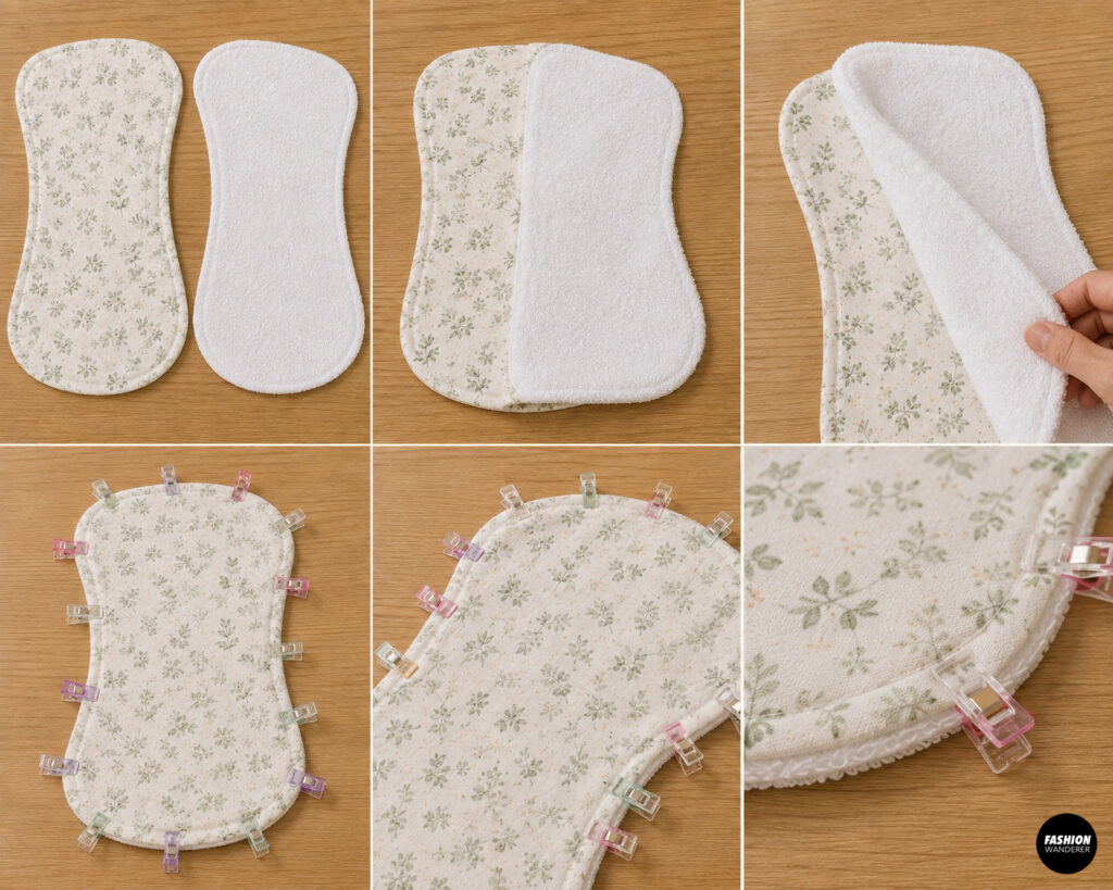 Layer floral cotton and absorbent terry cloth pieces together and secure the curved edges with sewing clips before stitching a baby burp cloth.