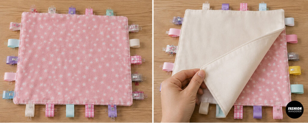 Collage showing the pink star-print fabric with ribbon tags secured around the edges and a soft white backing layer placed over it with the fabric layers aligned for sewing.