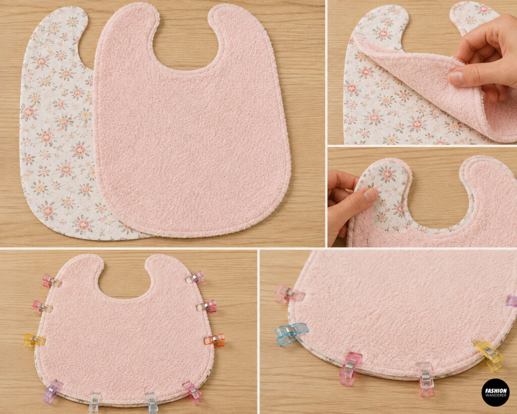 Floral cotton and absorbent pink terry baby bib pieces are layered with right sides together, aligned around the neckline and curved edges, and secured with sewing clips.