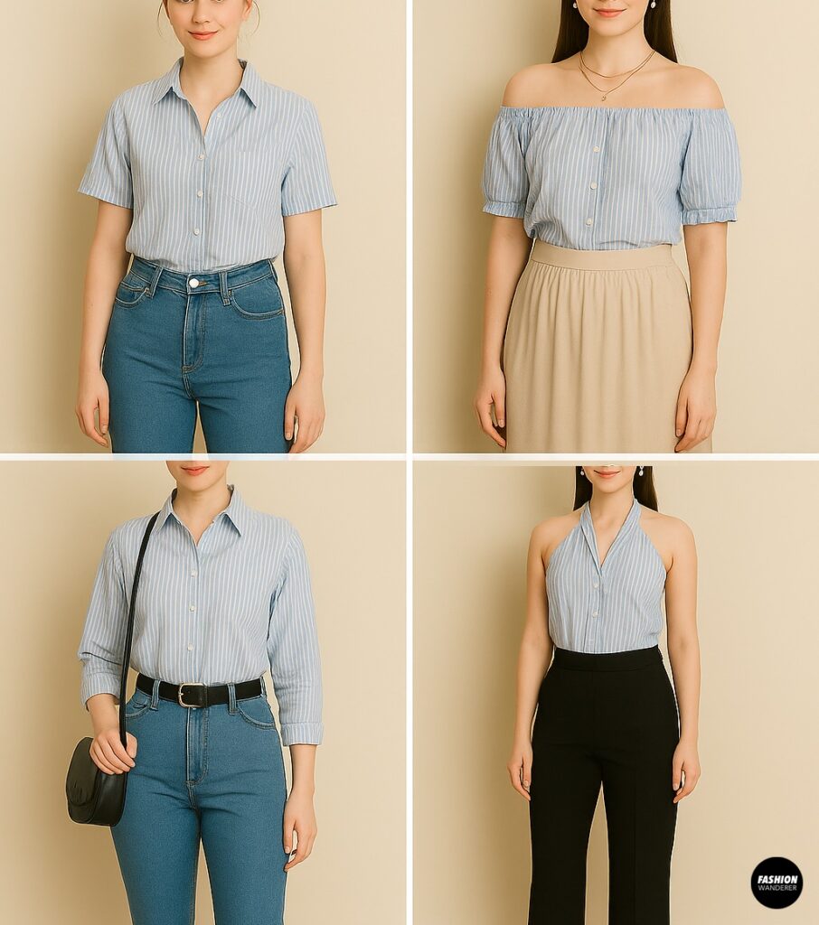 Collage of four styling ideas for DIY lazy-girl upgraded shirts, including cropped knot-front top with jeans, off-the-shoulder blouse with skirt, belted shirt dress, and halter tie top with trousers.
