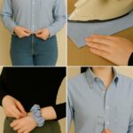 DIY sewing tips collage with light blue button-up shirt, ironing seams, scrunchie made from leftover fabric, and testing fit with safety pins before sewing permanent stitches.