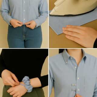 DIY sewing tips collage with light blue button-up shirt, ironing seams, scrunchie made from leftover fabric, and testing fit with safety pins before sewing permanent stitches.