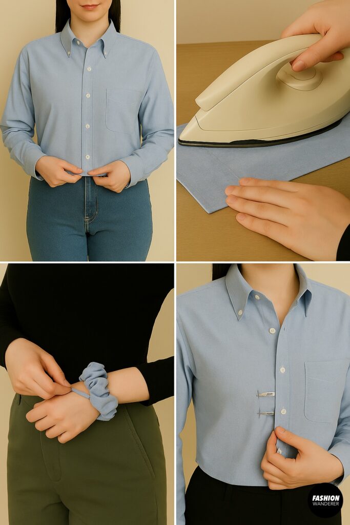 DIY sewing tips collage with light blue button-up shirt, ironing seams, scrunchie made from leftover fabric, and testing fit with safety pins before sewing permanent stitches.