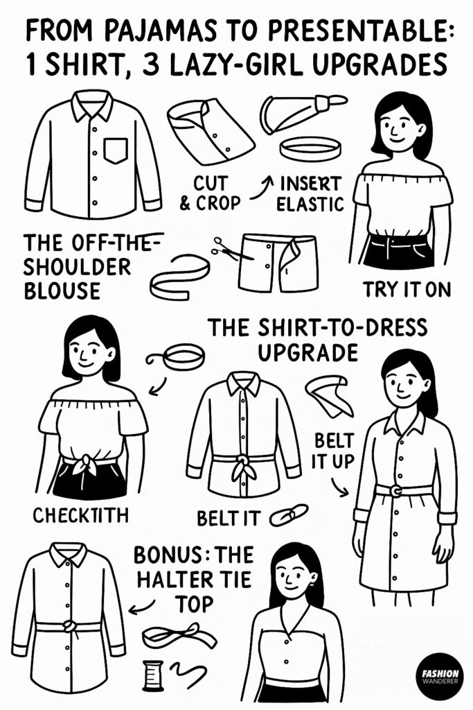 Black and white hand-drawn Pinterest infographic showing how to transform one oversized shirt into three lazy-girl upgrades: knot-front crop top, off-the-shoulder blouse, and shirt-to-dress upgrade, plus a halter tie top variation.