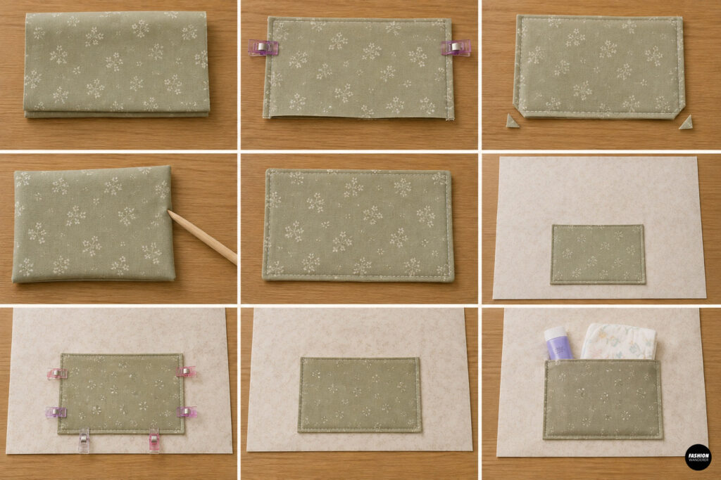 Sage green fabric folded, clipped, stitched, and attached to the lining to create a practical interior pocket for diapers and baby wipes.