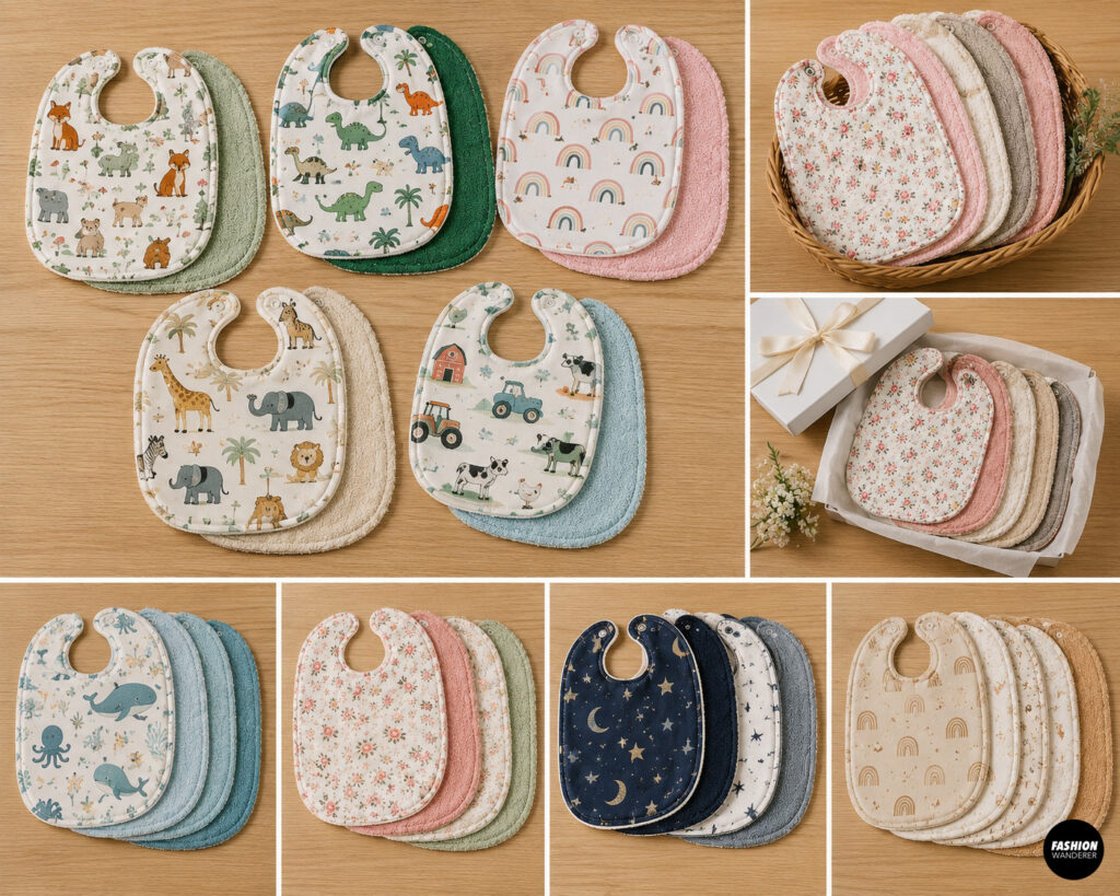Assortment of handmade reversible baby bib sets in floral, animal, dinosaur, rainbow, ocean, celestial, and neutral prints, displayed in coordinated stacks and gift packaging.