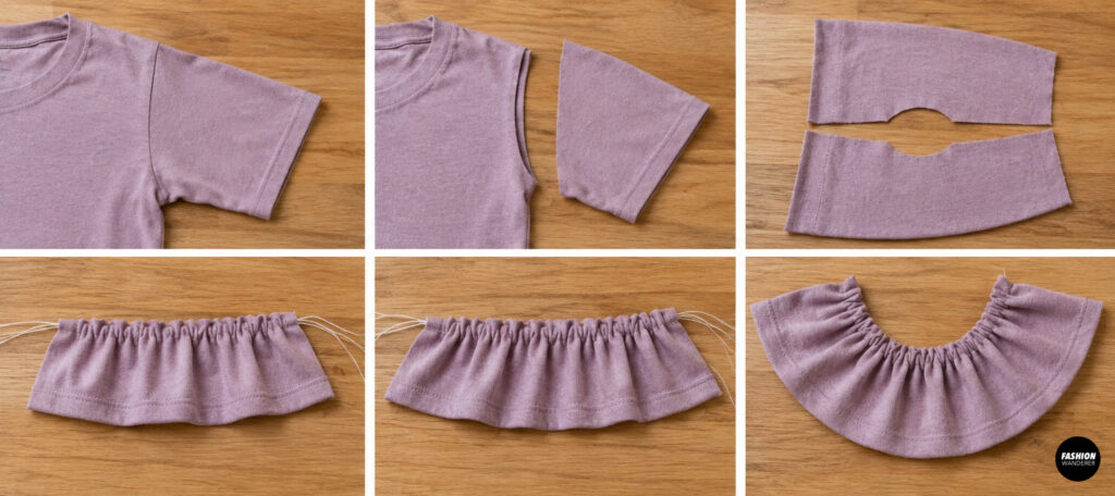 Step-by-step collage illustrating how to cut sleeve strips, gather the fabric with basting stitches, and form soft lavender ruffle sleeves for a baby romper.