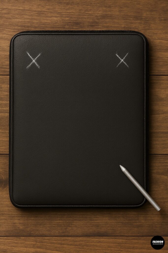 Black leather laptop sleeve with two chalk X marks at the top corners, showing where to attach chain rings for a DIY laptop bag project.
