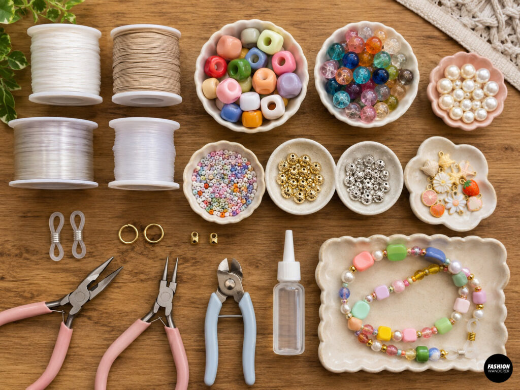 Materials to make a chunky beaded sunglasses chain including different size and color beads, cord and hand tools.