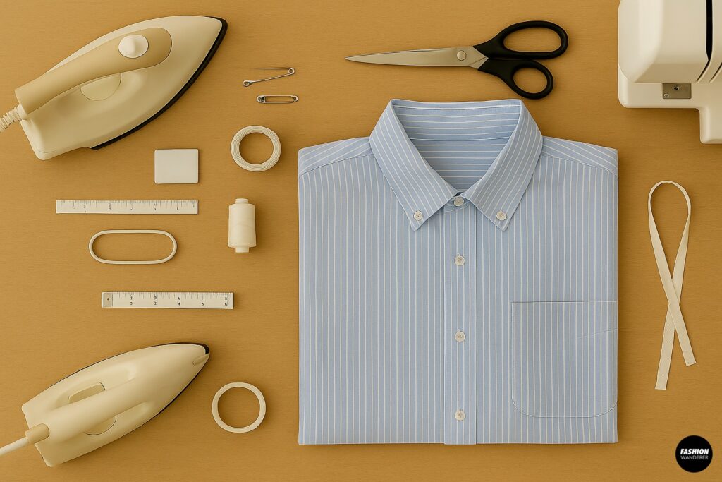 Flatlay of DIY sewing materials for shirt upcycling, including blue striped button-up shirt, iron, scissors, thread, safety pins, rulers, elastic band, and sewing machine on wooden table.