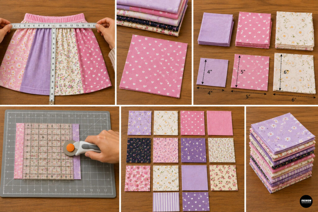 Collage showing colorful pink and purple T-shirt fabric scraps sorted for a patchwork sewing project. Knit fabrics are grouped by color and print, cut into even squares, arranged into a checkerboard layout, and pressed flat on an ironing board to prepare for sewing.