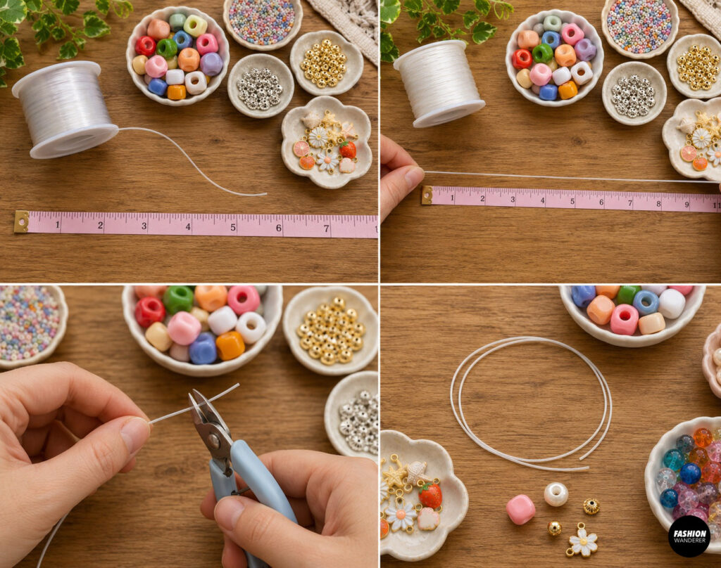 Collage showing how to measure and cut a beaded sunglass cord.