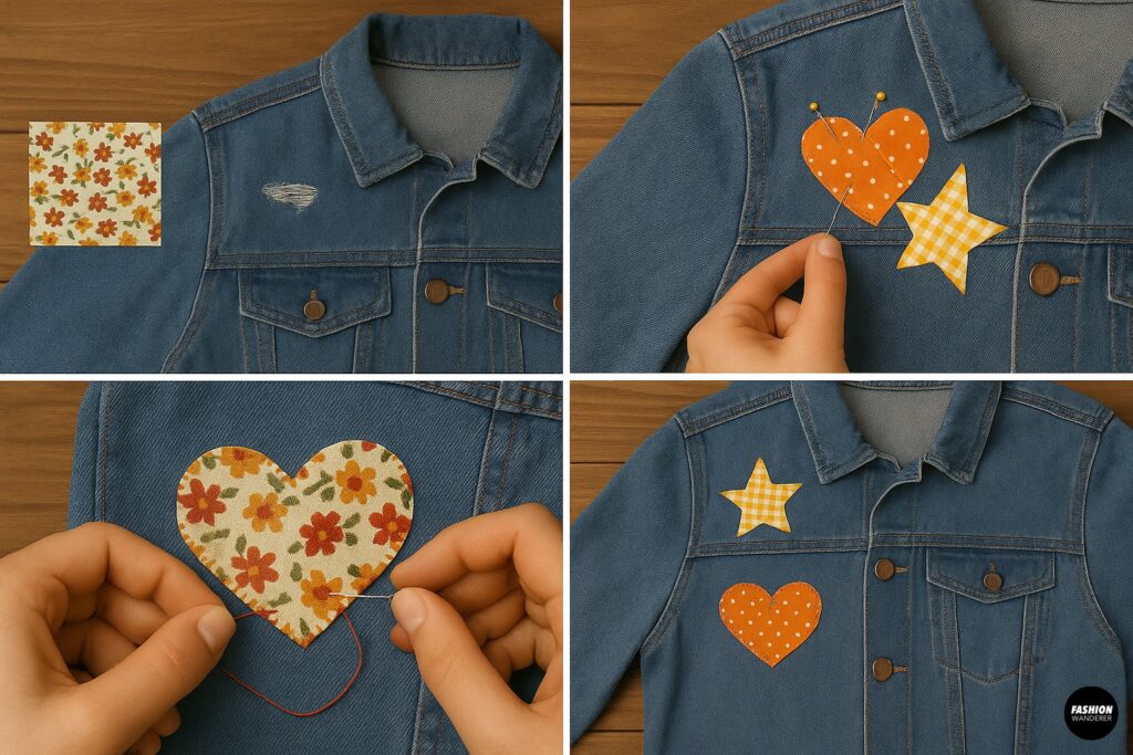 DIY appliqu&eacute; patch tutorial for mending a denim jacket with heart and star fabric shapes in floral and gingham patterns.