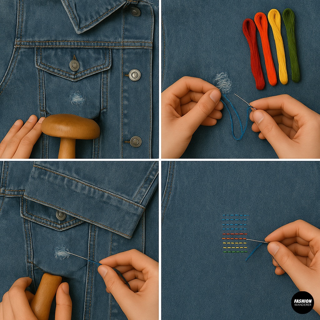 Colorful darning repair tutorial on a frayed denim jacket using rainbow embroidery floss and a darning mushroom.