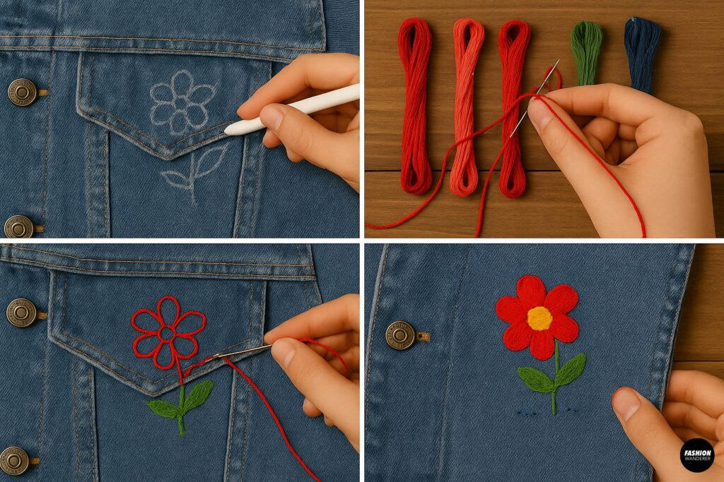 Hand embroidery tutorial showing a red and green flower stitched onto a denim jacket pocket for decorative mending.