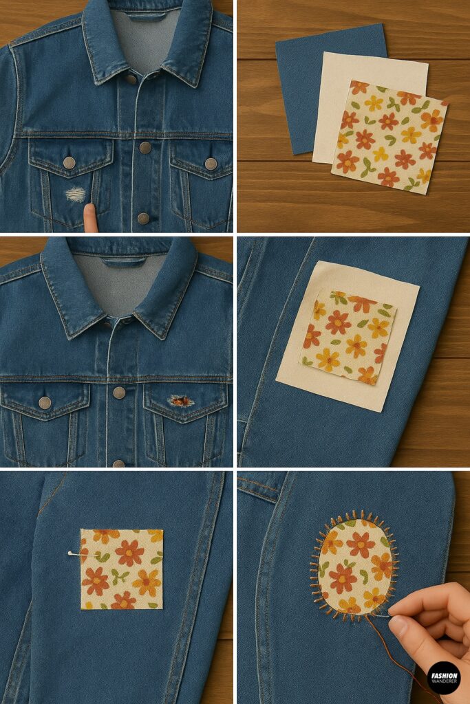 Reverse patch mending tutorial on denim jacket using floral fabric and contrasting stitching to repair a hole.