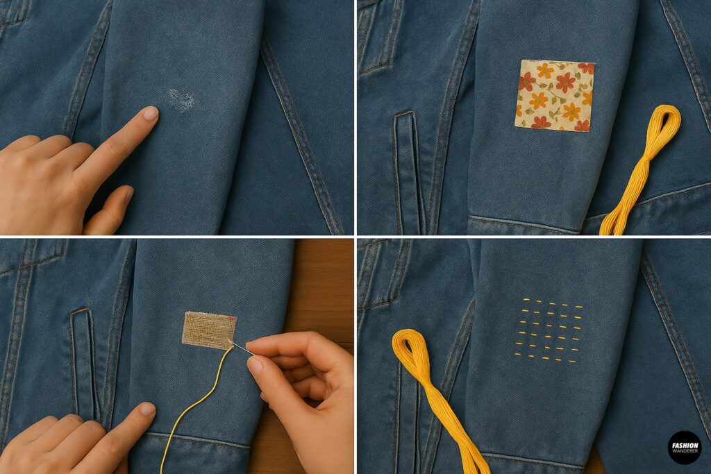 Step-by-step tutorial showing running stitch reinforcement on a denim jacket sleeve using yellow embroidery thread for visible mending.