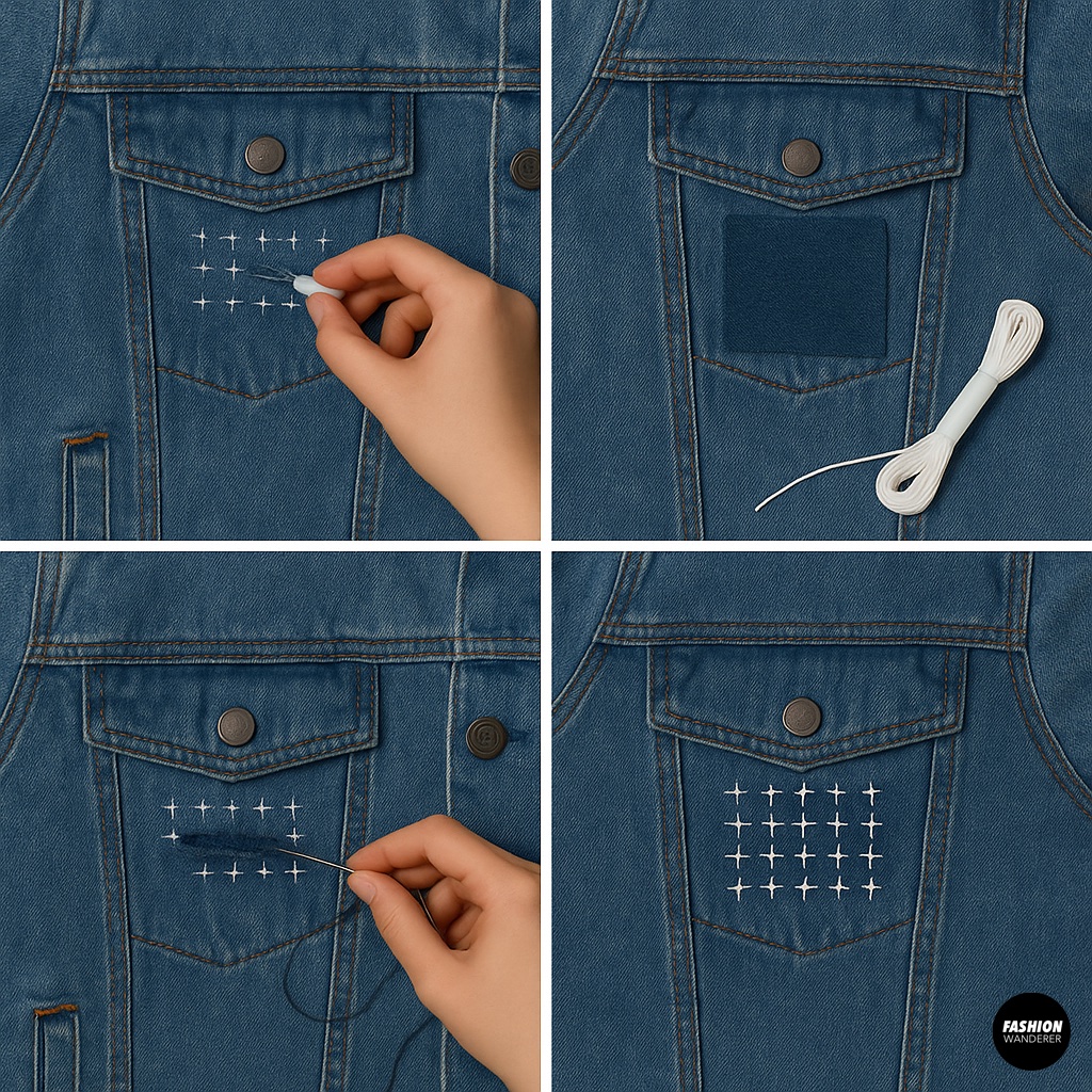 Japanese sashiko embroidery tutorial on a denim jacket pocket with white cross stitches for decorative visible mending.