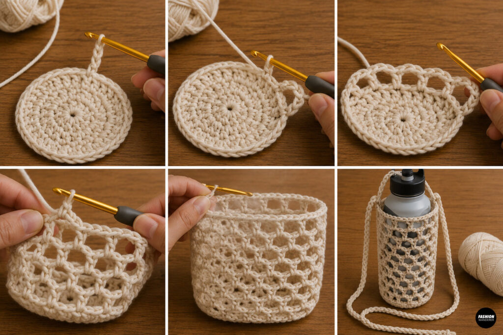 Step 3 is to crochet the mesh stitch for the water bottle crossbody bag