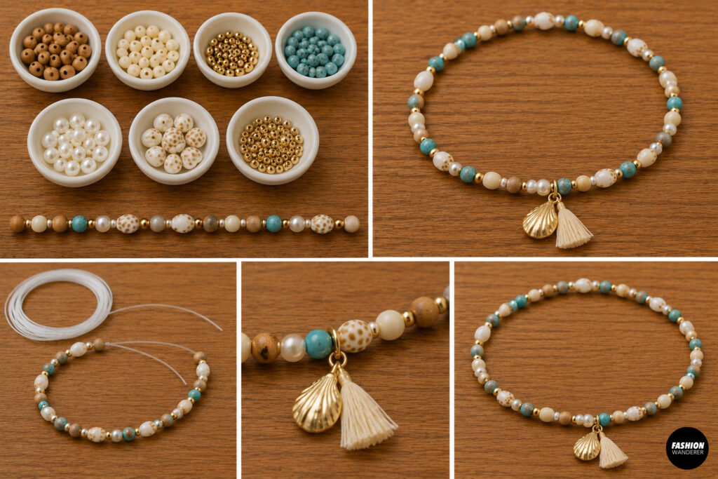Collage featuring a natural beach anklet bead stack.