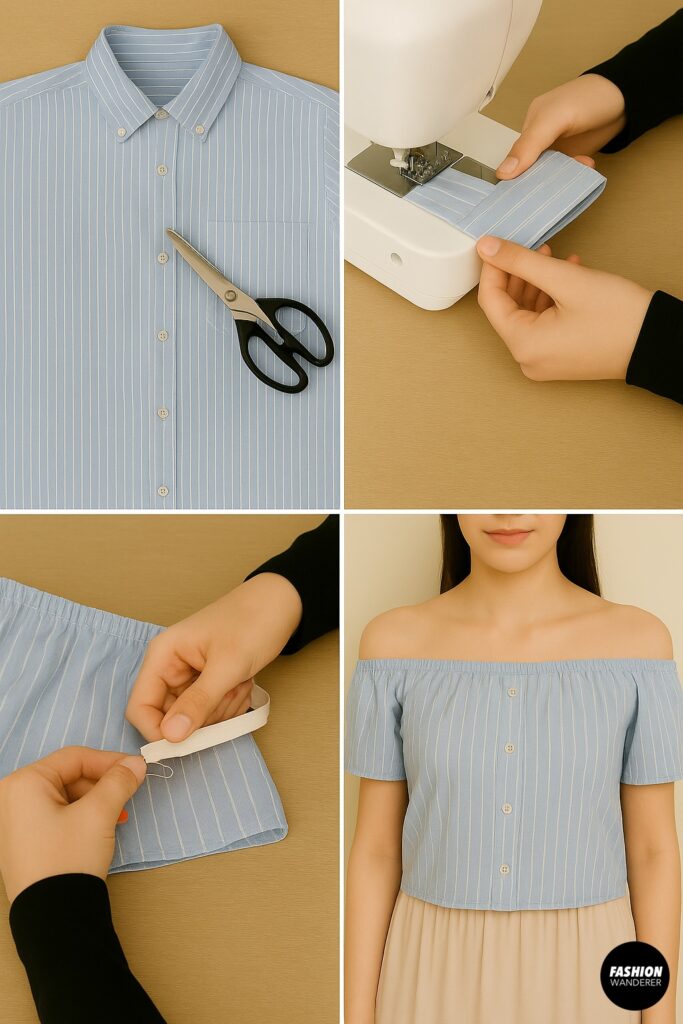 DIY off-the-shoulder blouse tutorial made from striped button-up shirt, showing cutting neckline, sewing elastic casing, inserting elastic, and finished off-shoulder top styled with skirt.