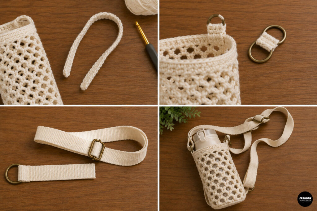 Collage showing steps to add an adjustable crochet strap to the water bottle crossbody bag
