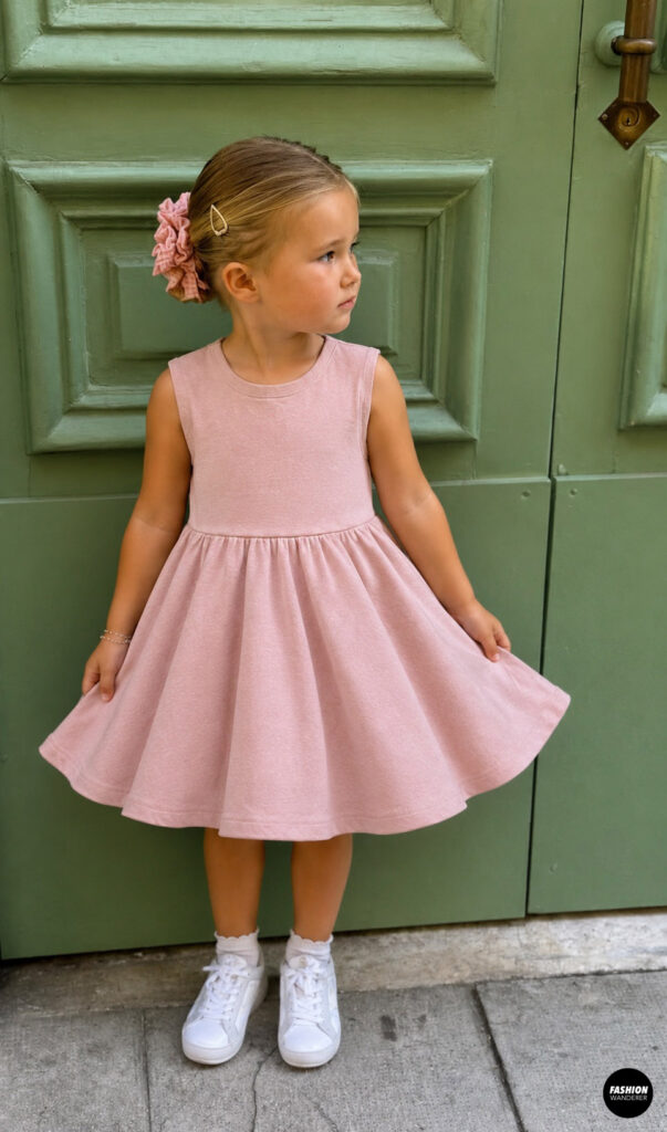 Young girl wearing a blush pink sleeveless twirly play dress made from an upcycled oversized T-shirt. She stands in front of a sage green door wearing white sneakers, holding the full gathered skirt to show its playful twirl and comfortable fit.