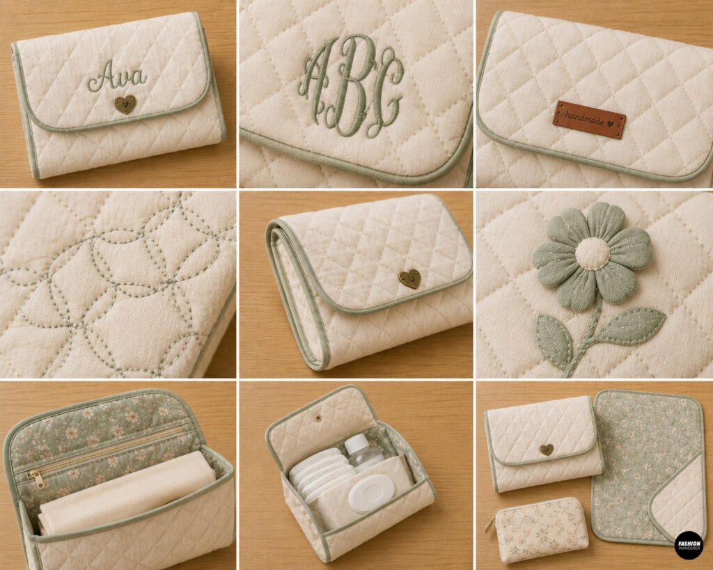 Finished quilted diaper and wipes clutch personalization ideas featuring name embroidery, monograms, handmade labels, decorative quilting, fabric flowers, pockets, and coordinating accessories.