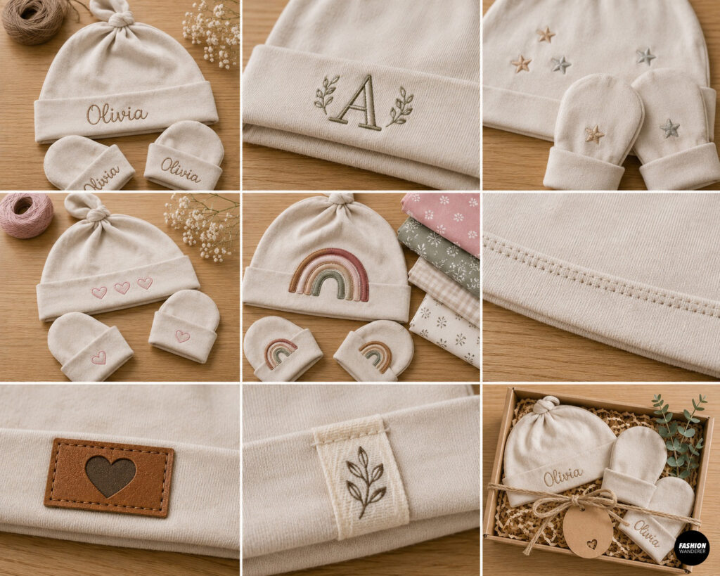 Handmade baby hat and mitten gift set featuring personalized name embroidery, monograms, hearts, rainbows, stars, fabric labels, and gift-box presentation.