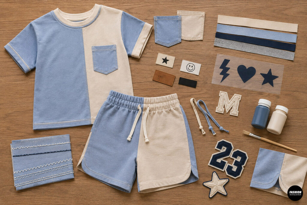 Finished blue and cream color-block T-shirt and shorts displayed with optional embellishments including patch pockets, iron-on decals, fabric paint, embroidered patches, decorative labels, drawstrings, and sample stitching for personalization.