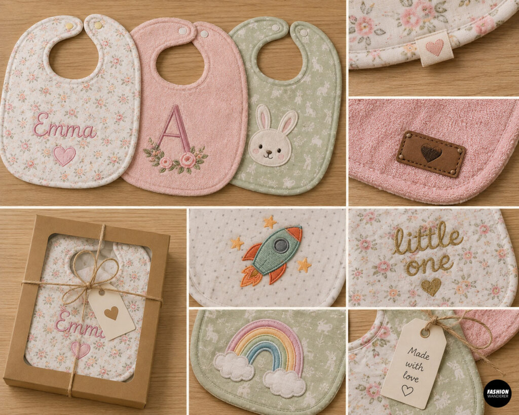 Handmade baby bib personalization ideas include embroidered names and initials, bunny, rocket, rainbow and heart appliqu&eacute;s, decorative labels, gift packaging, and &ldquo;little one&rdquo; embroidery.
