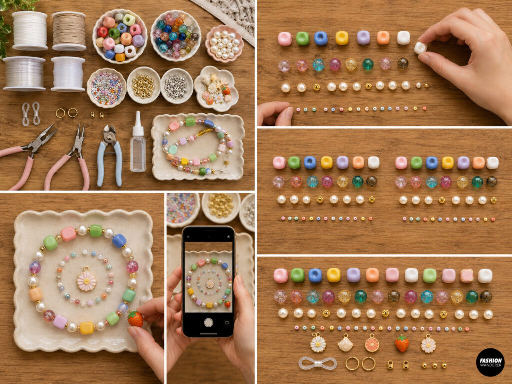 Collage featuring bead design ideas for a chunky eyeglass cord.