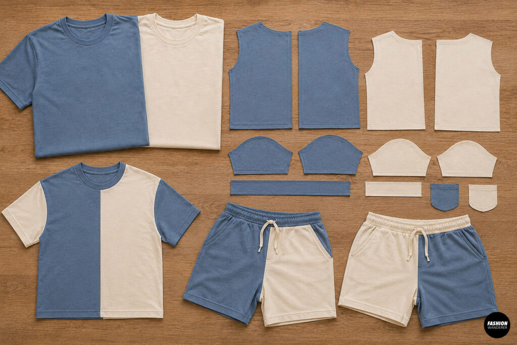 Flat lay of blue and cream T-shirts, cut pattern pieces, and finished examples of a color-block T-shirt and matching shorts arranged on a wooden table to plan the fabric placement before sewing.