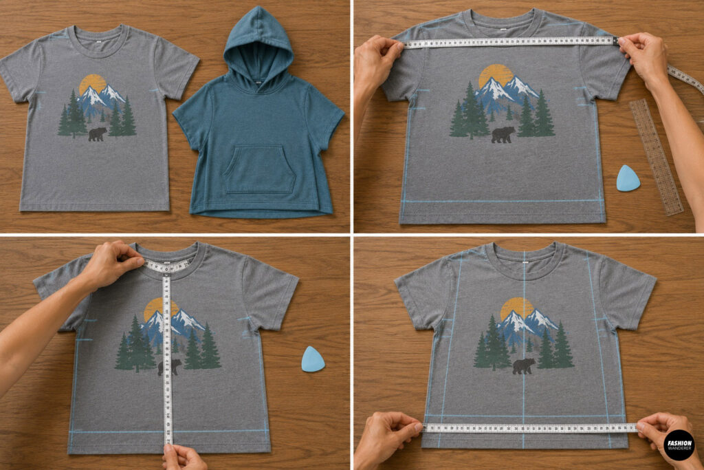 Four-photo sewing tutorial showing a gray graphic T-shirt measured and marked with tailor's chalk to create a children's hooded poncho. Measuring tape, ruler, and chalk are used to mark the width, length, and cutting lines.