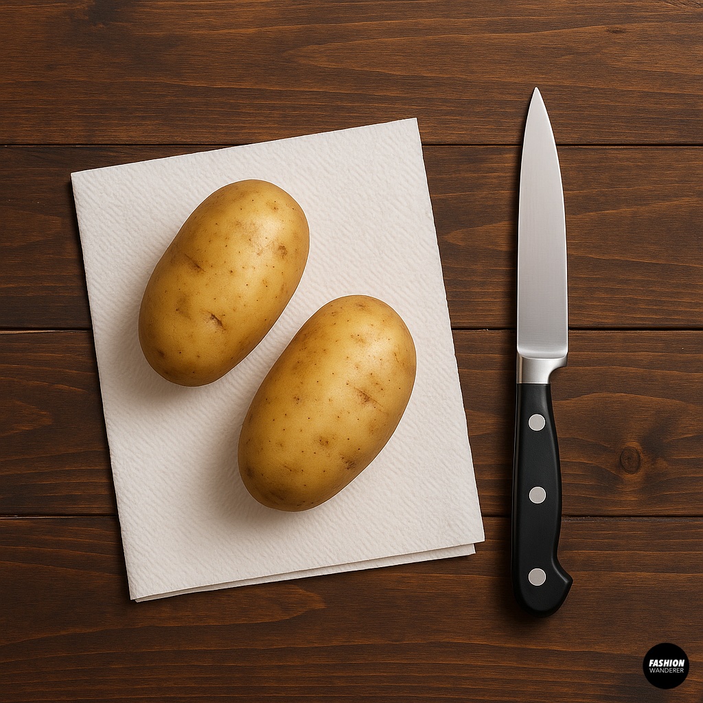 Two raw potatoes, a knife, and paper towels on a wooden table prepared for shoe stretching hack.