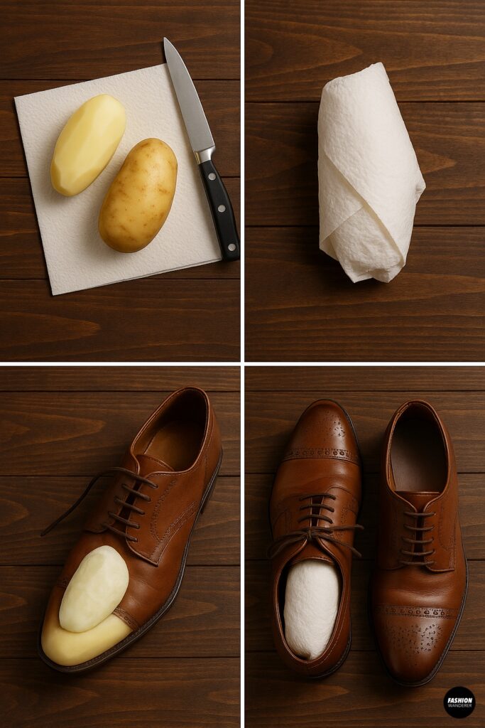 Step-by-step guide showing how to use peeled potatoes wrapped in paper towels to stretch leather shoes naturally.