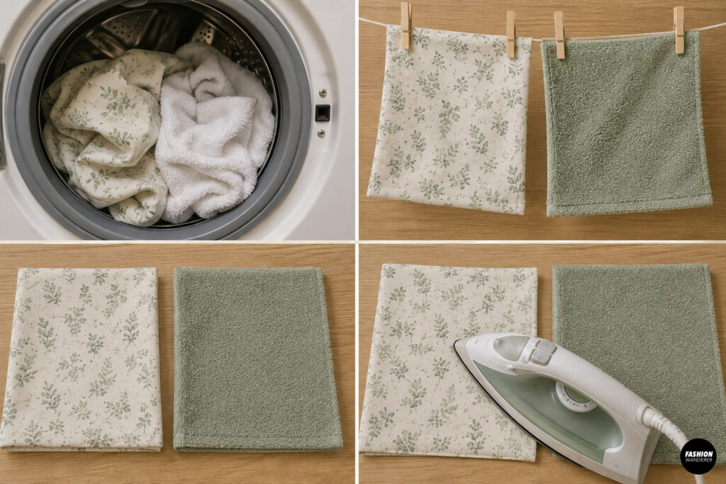 Prewash, dry, and press cotton floral fabric and soft terry cloth before sewing a DIY baby burp cloth to prevent shrinking.