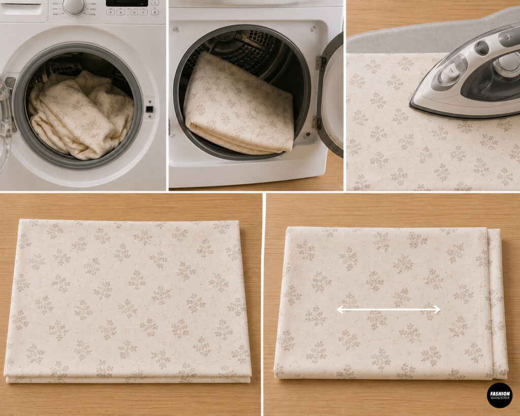 Step-by-step baby hat and mittens sewing tutorial showing floral knit fabric being washed, dried, pressed, and folded before cutting.