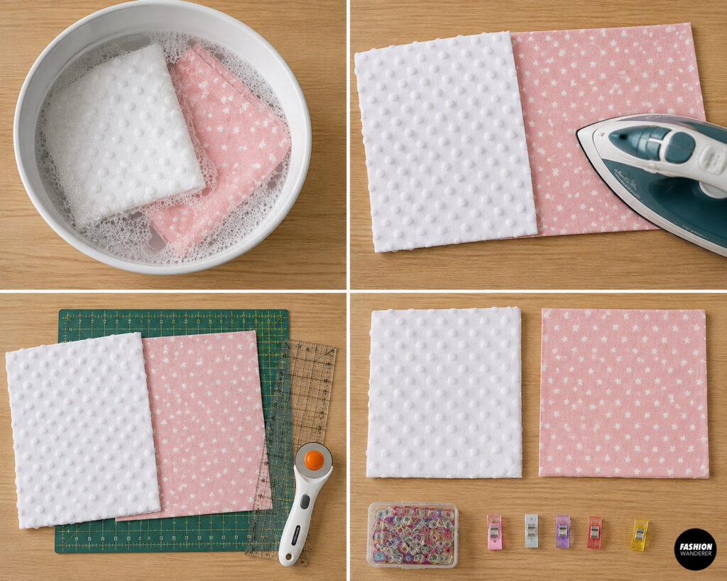 Collage showing white minky and pink star-print cotton fabric being washed, pressed with an iron, measured on a cutting mat, and cut into matching squares for a DIY baby taggie security blanket.