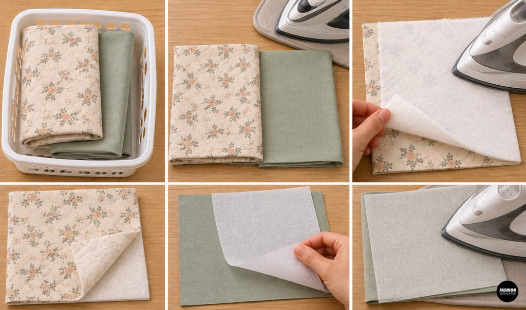 Floral cotton, sage green lining fabric, and fusible batting being washed, pressed, and layered on a wooden table for a DIY quilted diaper and wipes clutch sewing project.