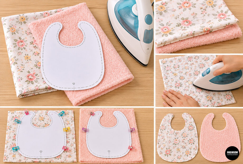 Floral cotton and soft pink terry fabric are prewashed, pressed, and arranged with a paper baby bib template before cutting the matching front and back bib pieces.