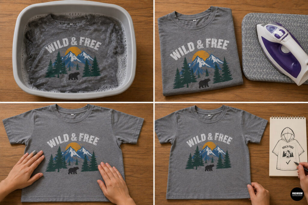 Four-photo collage showing how to prepare a graphic T-shirt for a DIY hooded poncho. The images demonstrate washing the shirt, pressing it flat, smoothing wrinkles on a work surface, and planning the poncho design before cutting.