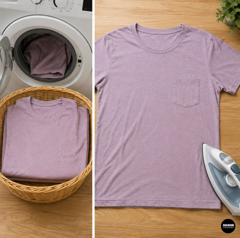 Flat lay collage showing how to prepare a lavender oversized T-shirt for an upcycled baby romper. The shirt is washed, dried, and pressed with an iron on a wood tabletop before beginning the sewing project.